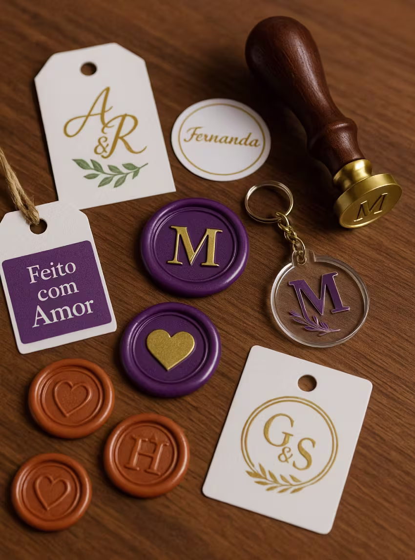 Itens personalizados como selos de lacre, tags e lembranças em Belém